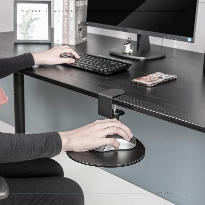EHO Clamp-On Under Desk Mouse Tray, 360° Swivel Ergonomic Platform with Cable Organizer, Smooth Glide Surface for Gaming or Office, Fits Desks 0.5"-1.5" Thick, Tool-Free Install, TAA-Compliant