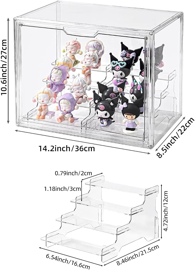 4 Tier Display Case for Collectibles,Clear Display Box with 2pack 4 Tier Display Risers ,Storage Container with Magnetic Door