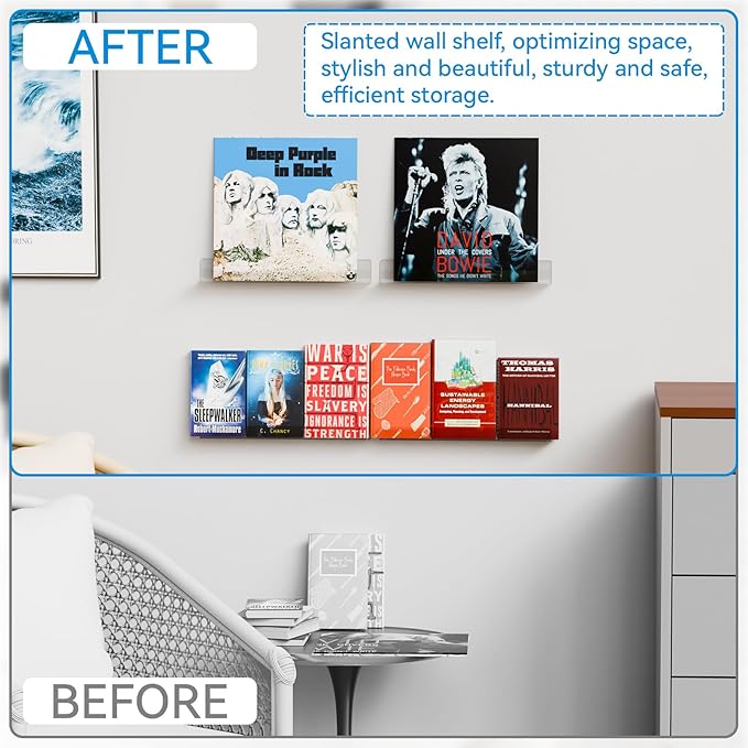 Cq acrylic Invisible Clear Floating Bookshelf - 15" Hanging Wall Mounted Display Shelf for Kids Room, Modern U Shaped Ledge for Books,Picture,Toys, Vinyl Records Wall Display Shelf,Pack of 6