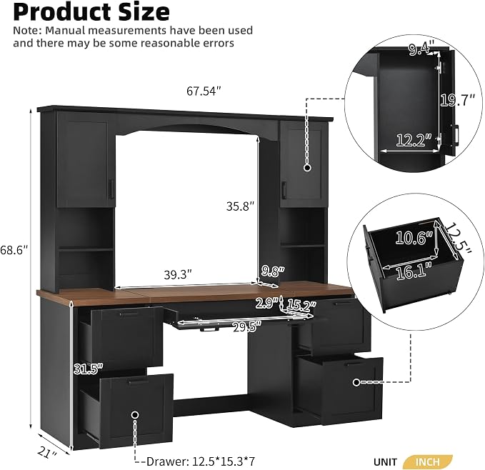 Merax Farmhouse Arched 67" Computer Desk with Power Outlets & Keyboard Tray, Wood Executive Home Office Desk with Hutch, Writing Desk with Storage Drawers for Working Study, Black