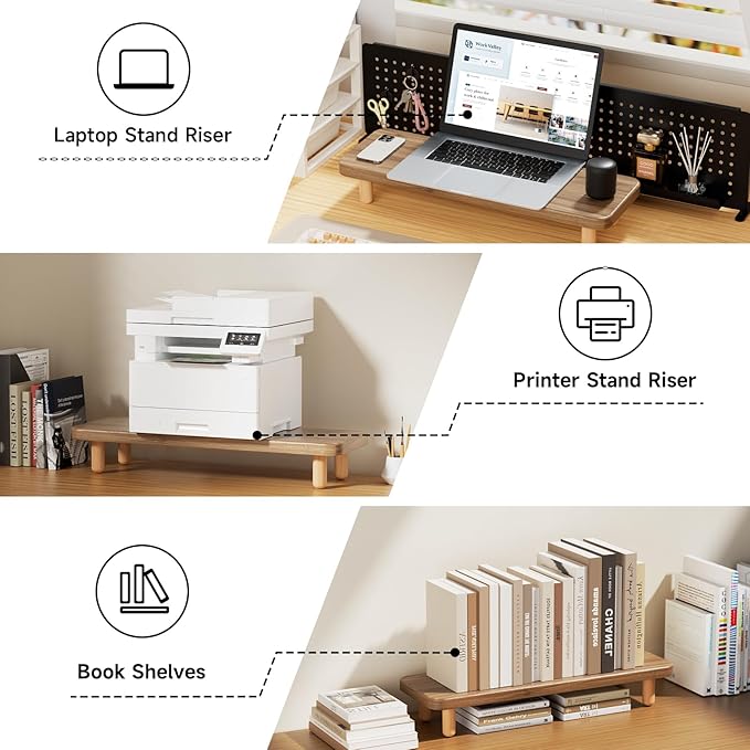 Monitor Stand Riser, 24 Inch Wood Desk Organizer with Monitor Stand & Storage Computer Monitor and Laptop Riser Multifunctional Laptop Stand Desk Organizer for Office Home Screen/Laptop/PC (Light Walnut)