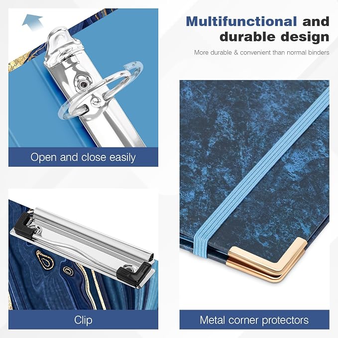 Ospelelf 3 Ring Binder, 1.5 Inch, Letter Size (11" x 8.5") with 5 Tab Dividers, File Folder Labels and Low Profile Clipboards, Blue Marble Binder for School and Office Supplies