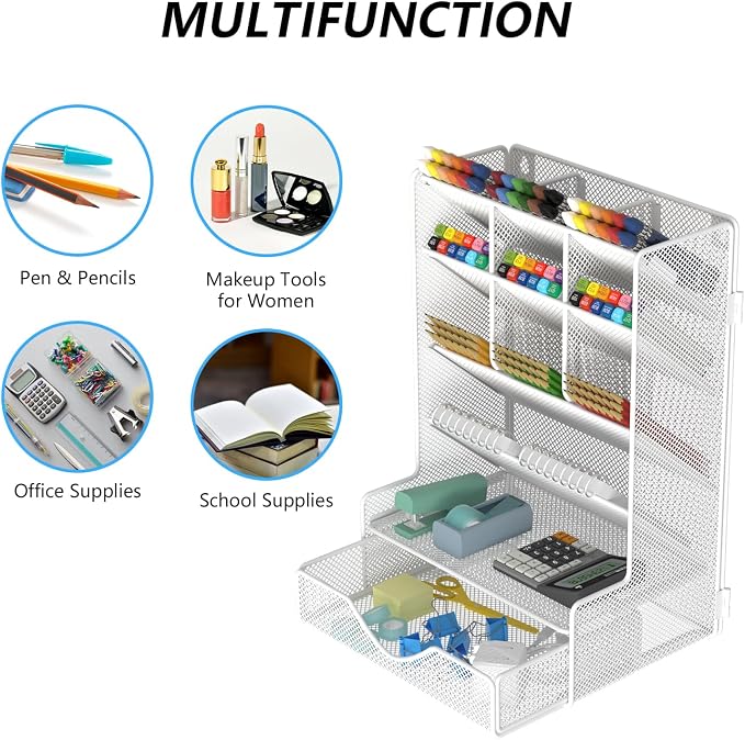 BOHDK Pen Organizer for Desk, Multi-Functional Desk Organizer, Wall Mount Pen Holder with Drawer for School, Office, Home, Art Supplies, White