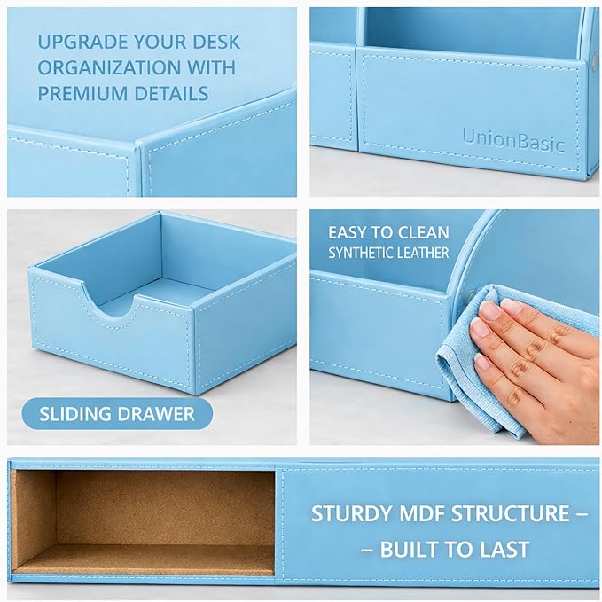 UnionBasic Desk Organizer - Multifunctional Leather Desktop Pen Holder Storage Box - Business Card/Pen/Pencil/Mobile Phone/Stationery Holder, Blue