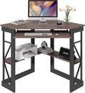 VECELO Corner Desk Computer Desk Writing Table with Smooth Keyboard Tray&Storage Shelves for Small Spaces/Compact Home Office Triangle Table,Brown