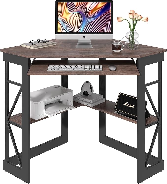 VECELO Corner Desk Computer Desk Writing Table with Smooth Keyboard Tray&Storage Shelves for Small Spaces/Compact Home Office Triangle Table,Brown