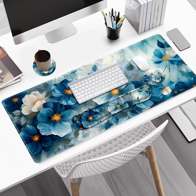 Desk Mat Pad, Gaming Mouse Pad Wrist Support Set, 4 in1 Non-Slip Large Mousepad + Ergonomic Design Keyboard Wrist Rest+Mouse Wrist Rest+Coaster for Home Office Computer I Blue Floral Watercolor