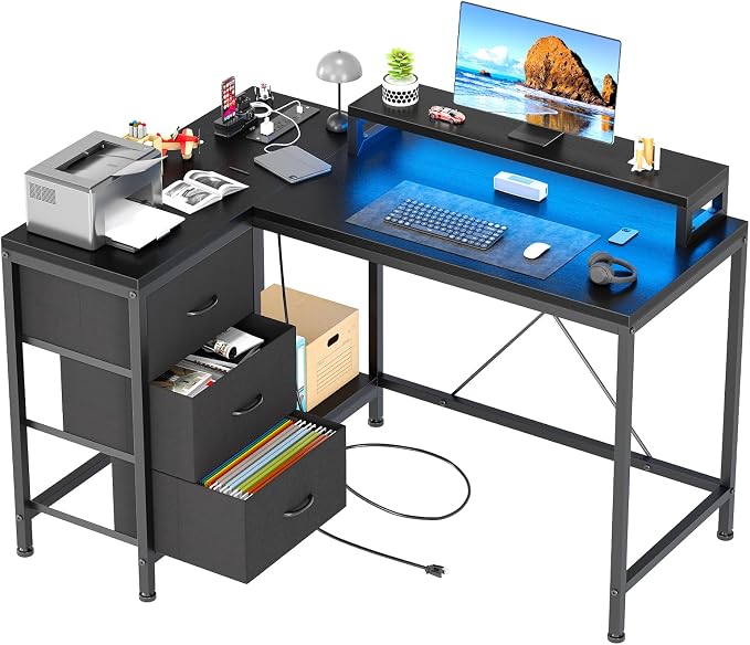 Hetoy L-Shaped Gaming Desk with Power Outlets, Corner Desk with Drawers, Shelves & LED Lights, Computer Desk for Home & Office