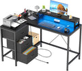 Hetoy L-Shaped Gaming Desk with Power Outlets, Corner Desk with Drawers, Shelves & LED Lights, Computer Desk for Home & Office