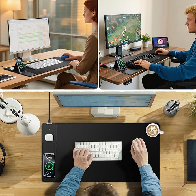 Wireless Charging Mouse Pad with Foldable Phone Holder, 31.5"x15.8", Black | Extended Desk Mat for Laptop/Keyboard, Waterproof Ultra-Smooth Surface, Non-Slip Base & 20W PD Adapter