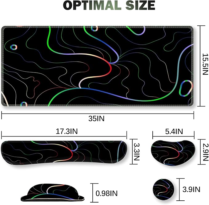 Gaming Mouse Pad Wrist Support Set, XXL Large Desk Mat Mousepad + Keyboard Wrist Support+ Mouse Wrist Rest+Coaster 4in1 Ergonomic, Memory Foam, Stitched Edge for Home Office -Colorful Lines