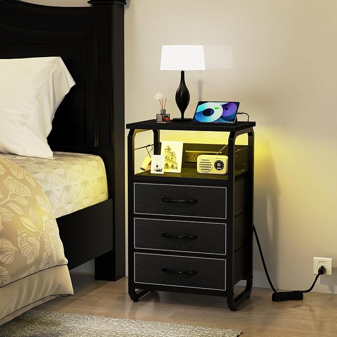 runjuly End Table with LED Light, Charging Station and Hooks, Modern Black | 3 Fabric Drawers Storage, Type C & USB Ports & Power Outlets, Industrial Style, Small Nightstand for Living Room / Bedroom