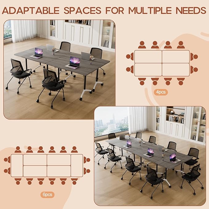 Folding Conference Table 4ft 5ft, Foldable Office Meeting Desk for 6 People, Multiple Sizes Colors Mobile Conference Room Table for Training Room School Business Furniture (2, Grey, 47in)