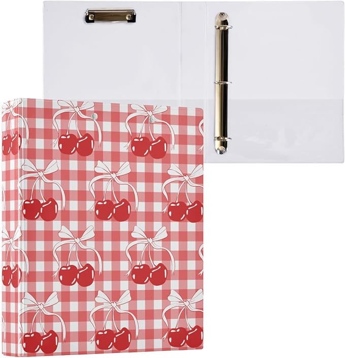 3 Ring Binder 1.5 Inch Cherry Bow Tie Ribbon Gingham Clipboards Binders with Interior Pockets Round Ring Binder for Office Supplies and School