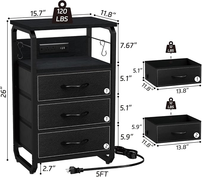 runjuly End Table with LED Light, Charging Station and Hooks, Modern Black | 3 Fabric Drawers Storage, Type C & USB Ports & Power Outlets, Industrial Style, Small Nightstand for Living Room / Bedroom