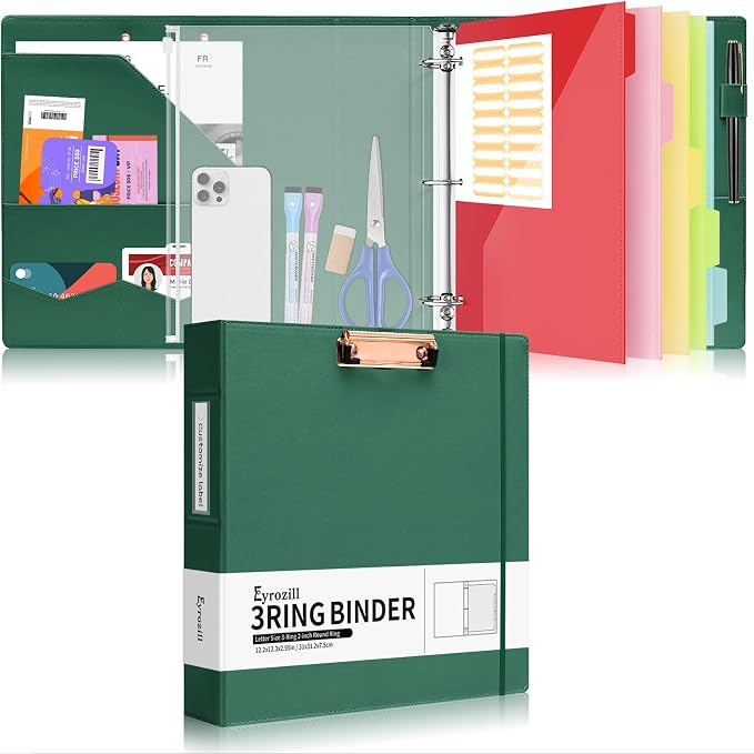 Eyrozill Professional Leather Portfolio with Clipboard, Zipper Pouch, 5 Sheets Plastic Dividers，Leather 3 Ring Binder 8.5 x 11, 2-inch Round Rings, Green