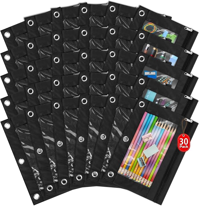 IKAYAS 30 Pack Pencil Pouch for 3 Ring Binder with Zipper, Black | Pencil Pouches Pencil Bags for Classroom bulk Pencil Box Pencil Case for Storing School Students Teacher Supplies