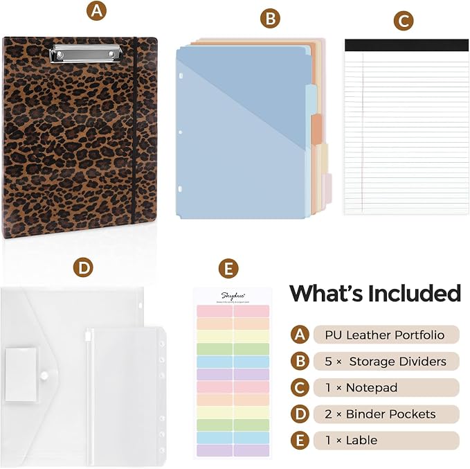 SKYDUE 1 Inch 3-Ring Binder with Clipboard, PU Aesthetic Binder with 5 Dividers, Notepad, Stickers & Pockets for Work and School (Letter Size)