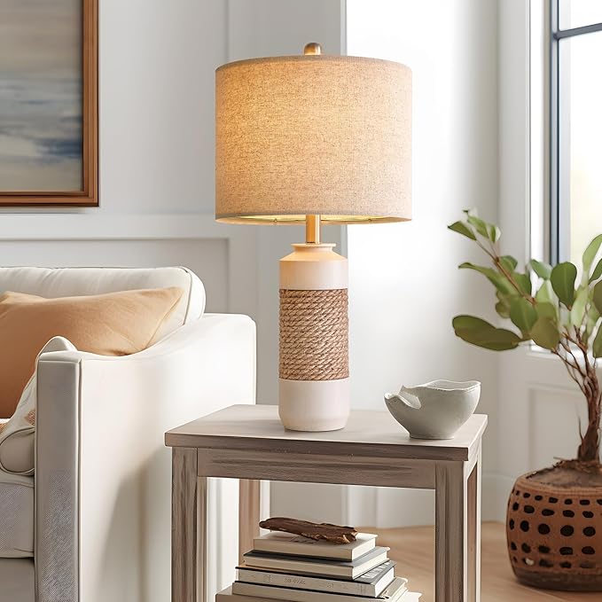 23.75" Bedside Table Lamps Set of 2 for Sleeping and Reading, Vintage Farmhouse Rattan Table Lamp Antique White Resin Lamp for Decoration, Office Living Room Bedside Table