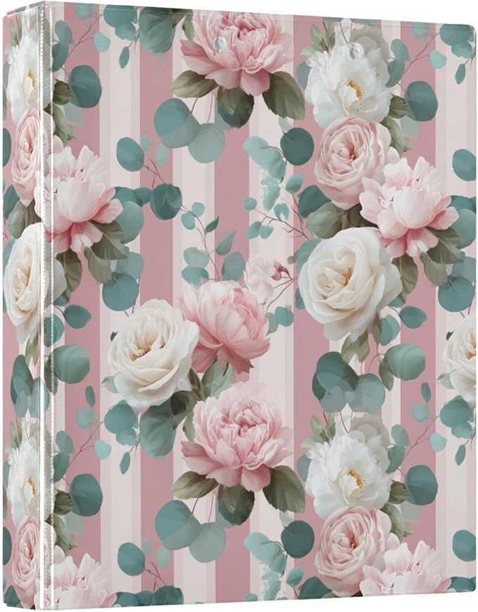 Rose Flower Round Ring Binder for Recipe Budge Storage Organizer, Printed D Ring 1.5 Inch Binders for Office Work School Aesthetic Binder with Clear Pocket Non-Slip Clip