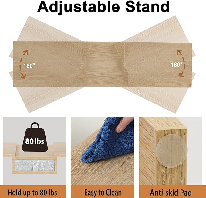 TEAMIX 3 Shelf Monitor Stand Riser with Drawer-Length and Angle Adjustable Dual Monitor Riser with Storage Corner Desk Shelf Organizer Large Computer Stand for 2 Monitors/Laptop (Maple, 1 Drawer)