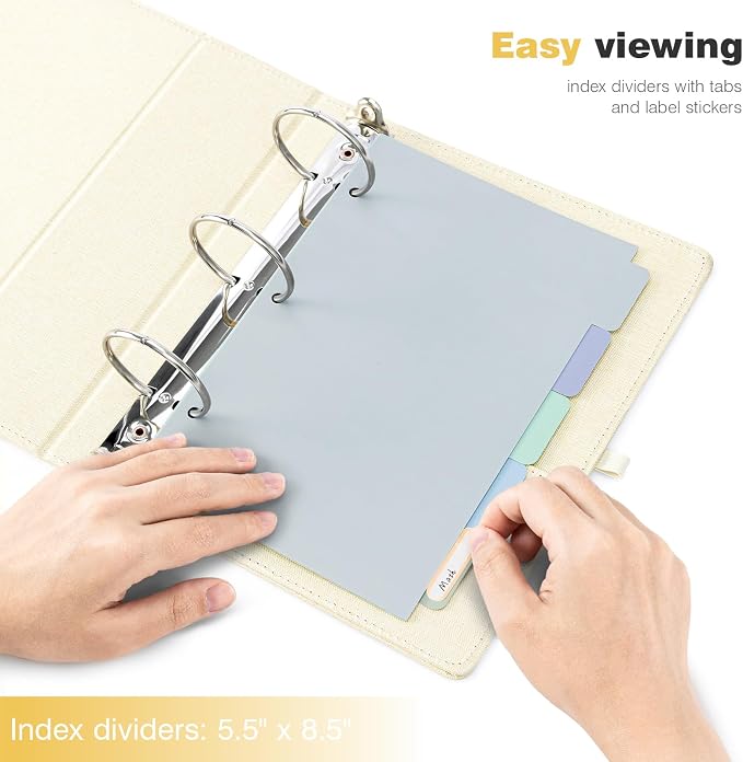Ospelelf Mini 3 Ring Binder 5.5 x 8.5, 2 inch Round Ring Clipboard Binders Dividers with Tabs, Linen Small Binder Organizer for Office, Beige