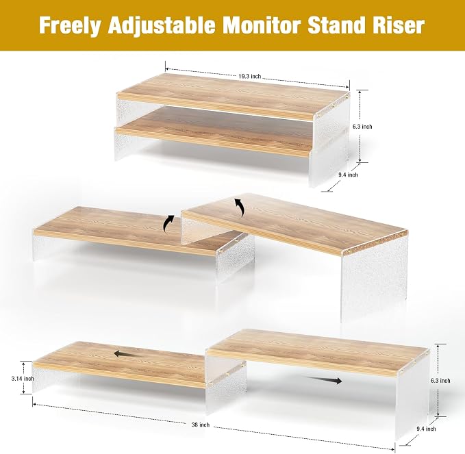 YGYQZ Adjustable Monitor Stand Riser, 9.4" ×19.3" Dual Monitor Desk Stand | Adjustable Monitor Riser, Expandable Desk Organizer, 2-Tier Storage, Acrylic Legs, Ergonomic Workspace, Wood Glacial Striae