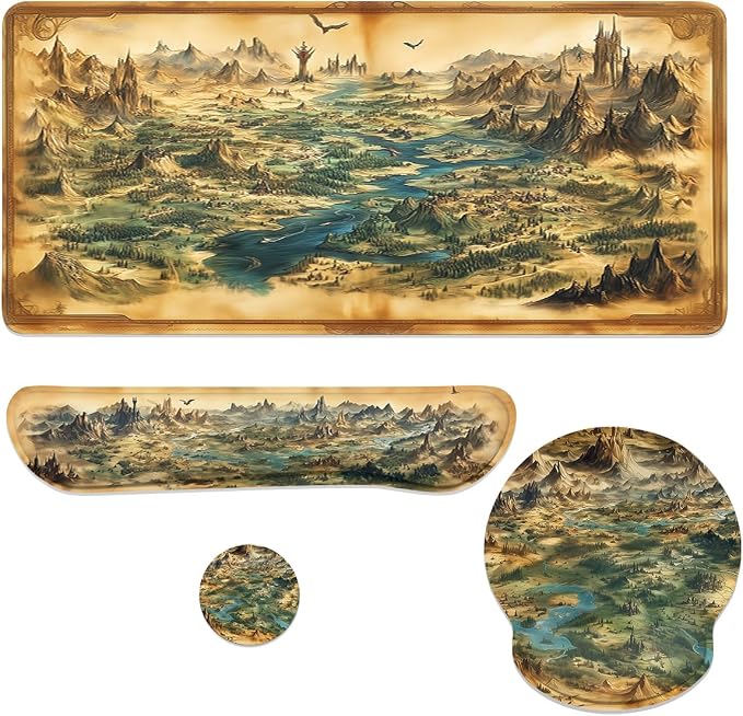Fantasy Map Mouse Pad Set Vintage Medieval Dragon Castle World Gaming Mousepad 4in1 Desk Mat for Desktop Anti-Slip XXL Big Computer Ergonomic Mousepad with Wrist Support for Keyboard and Mouse