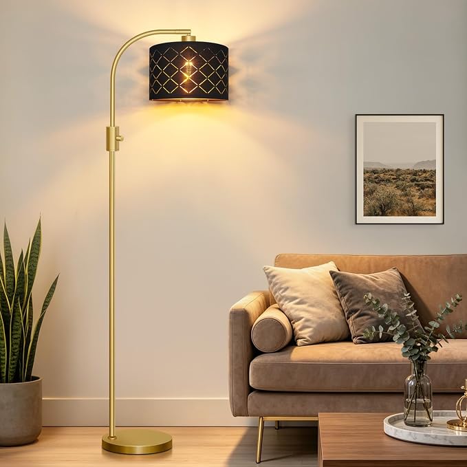 Nintiue Dimmable Floor Lamp, 1200 Lumens LED Edison Bulb Included, Arc Gold Floor Lamps for Living Room Modern Standing Lamp with Black Grid Shade
