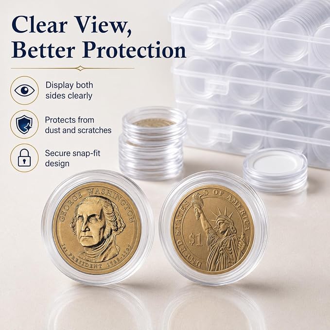 APACALI 500 PCS Coin Capsules Holders for Collectors, 30mm Clear Plastic Coin Holders with Foam Gaskets, 5 Storage Organizer Boxes, Coin Collection Supplies for 17/20/25/27/30mm Coins