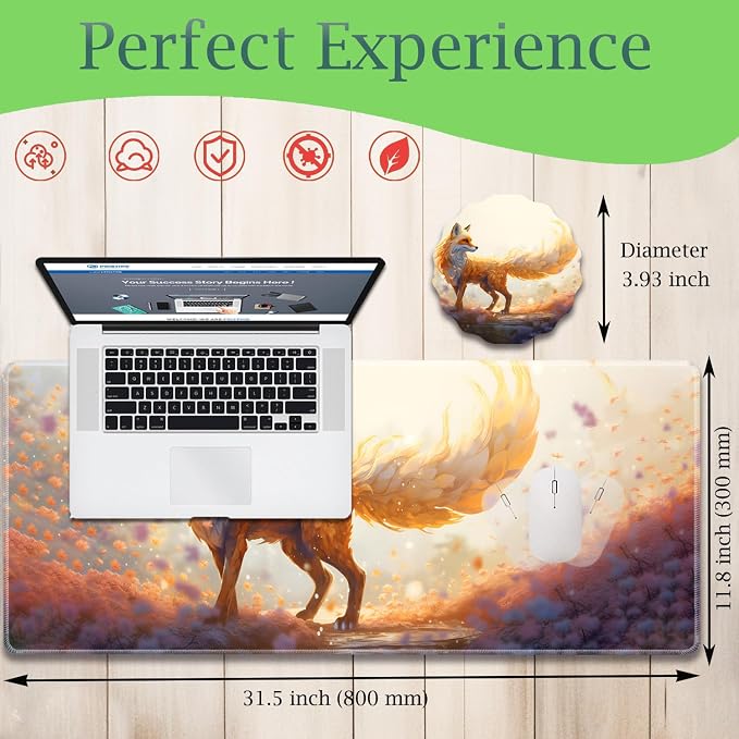 Extended Gaming Mouse Pad 31.5" x 11.8", with Edge Stitching, Non-Slip Rubber Base Keyboard Pad, Suitable for Work, Game, Office, Home and Coasters, Fox