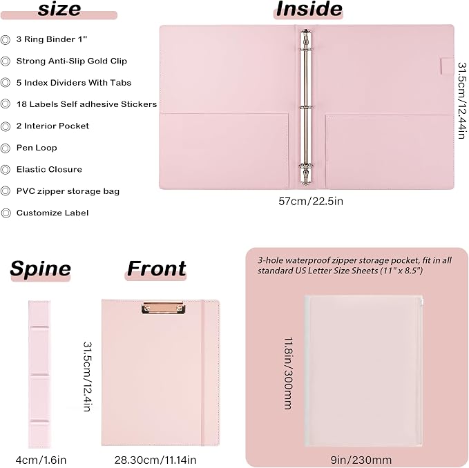 Hardcover 3 Ring 1 inch Leather Binder, Letter Size Binder Dividers with Tabs, PVC Zipper Pouch, Professional Organizer, Faux Rose Pink Leather