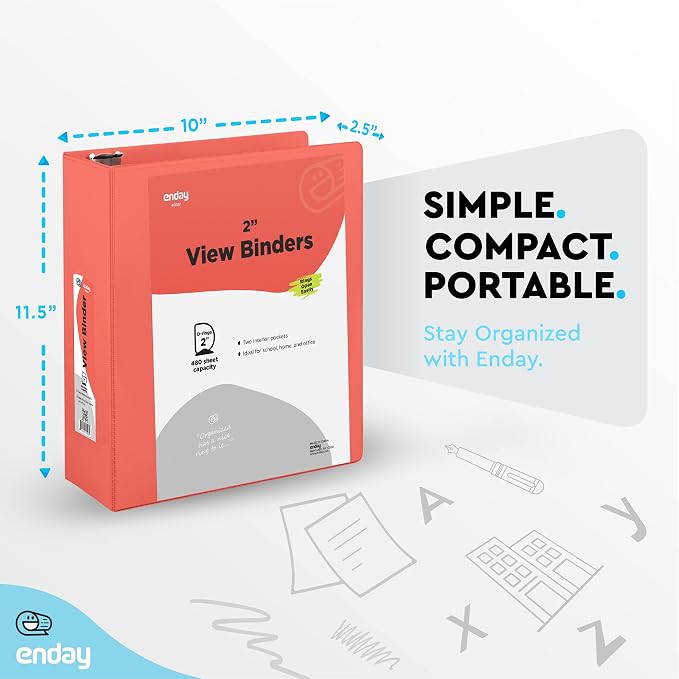 Enday 2 inch 3 Ring Binder (12 Pack - Red) Binder 2 inch with Clear View Cover and 2 Inside Pocket - for Letter Size 8.5 x 11'' Paper, Ideal for School Supplies, Office, and Home