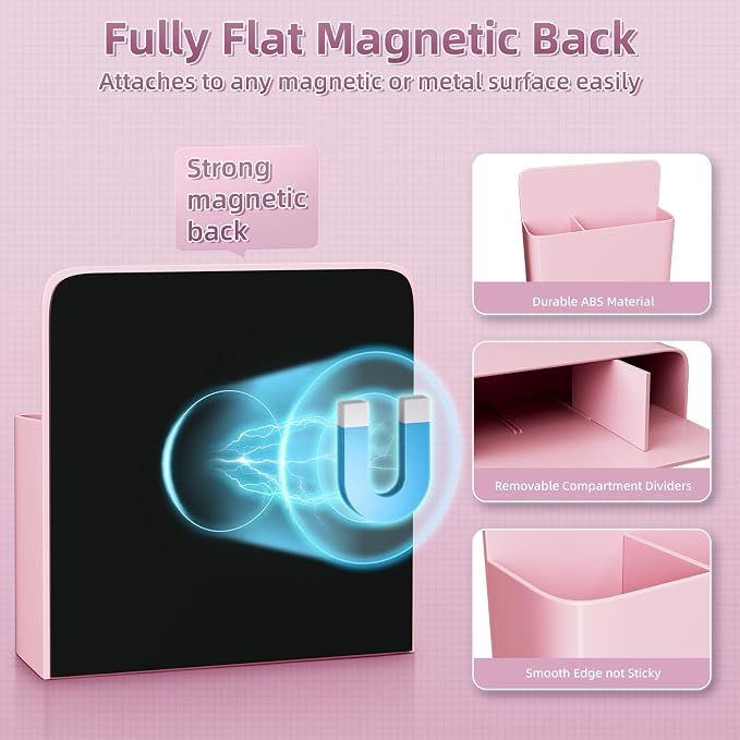 Mabrasse 2p Magnetic Dry Erase Marker Holder,Pen and Eraser Holder for Whiteboard, Magnet Pencil Cup Utility Storage Organizer for Office, Refrigerator, Locker and Metal Cabinets（Pink）