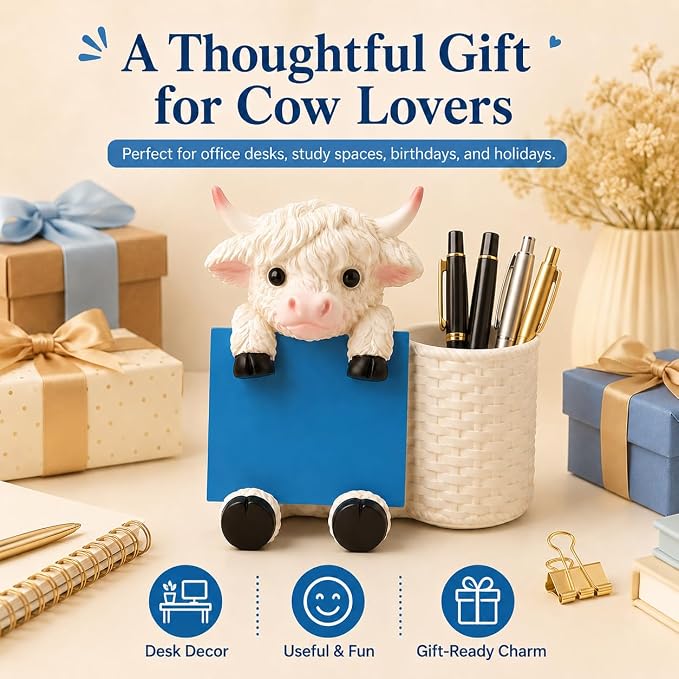 Highland Cow Note Pad Dispenser with Pen Cup, Desk Organizer | Cute highland cow note pad dispenser with pen cup, perfect for desks, offices, classrooms, and cow lover gifts.