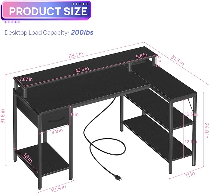 Alpen Corner Desk, 53 Inch L Shaped Desk with USB Charging Port and LED Light, Computer Desk with Storage Shelves & Monitor Stand, Corner Gamer Desk Table for Bedroom, Black