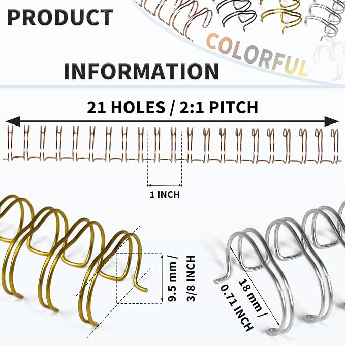 Rayson Wire Binding Spines, 3/8" 2:1 Pitch, 21-Loop, Multicolor, 100 Pack | Includes black, white, rose gold, silver and gold; binds 15-70 sheets for Letter-size documents with 2:1 pitch binders.
