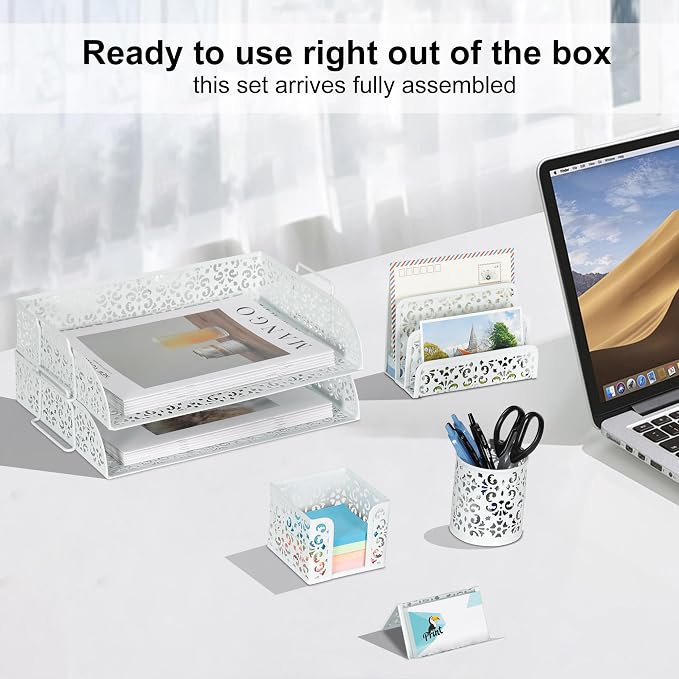 EasyPAG Desk Organizers and Accessories 5 Pieces Office Supplies Set - 2 Tier Paper Tray, Pencil Organizer for Desk, Mail Sorter Countertop, Business Card Holder and Sticky Note Holder, White