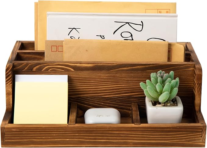 Rustic Brown Wood Mail Organizer Stationery Sorter Letter Holder Office Supply Storage Caddy 2 Slots 3 Trays Desktop Envelope Document Notepad Countertop Daily Accessories Table Home Entryway