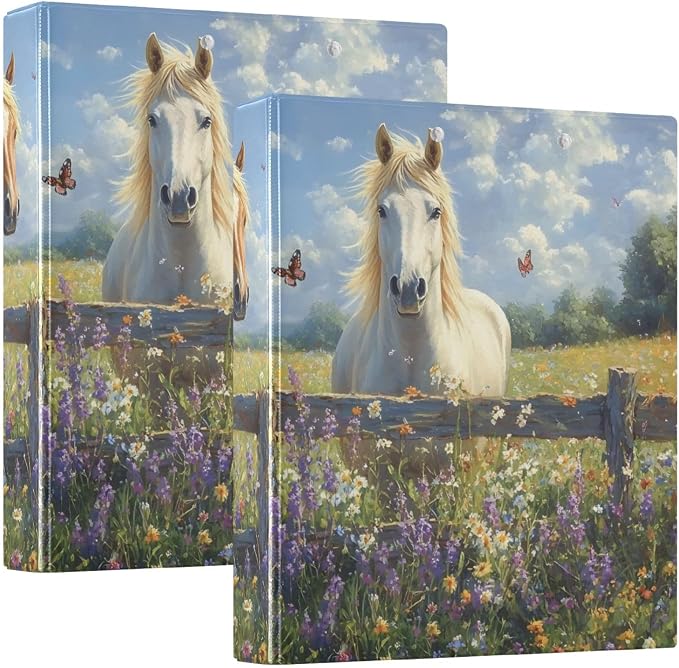 Horse Lavender White 3 Ring Binder with 2 Interior Pockets 1.5 inch Binders 3 Ring Heavy Duty Fit 8.5" x 11" Letter Size for Office School, 2 Pack
