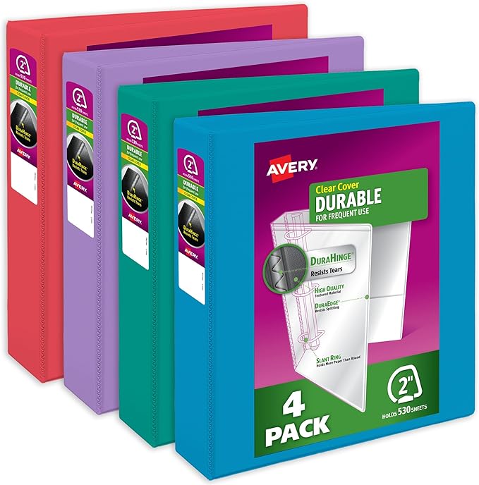 Avery Durable View 3 Ring Binders, 2 Inch Slant Rings, 530-Sheet Capacity, Assorted Bright Colors, 4-Pack (05635) – for School, Office, Teachers, Classrooms & Home Organization
