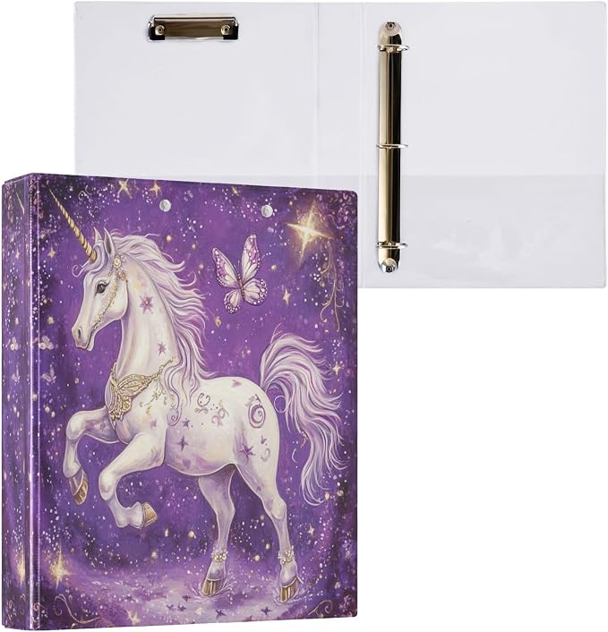 Dream Unicorn Butterfly Round Ring Binders 1.5 Inch Purple Horse Fairy Tale Style 3 Ring Clipboard Binder for Office School Work Supplies File Folder Document 200 Sheet Capacity Easy Open 2 Pieces