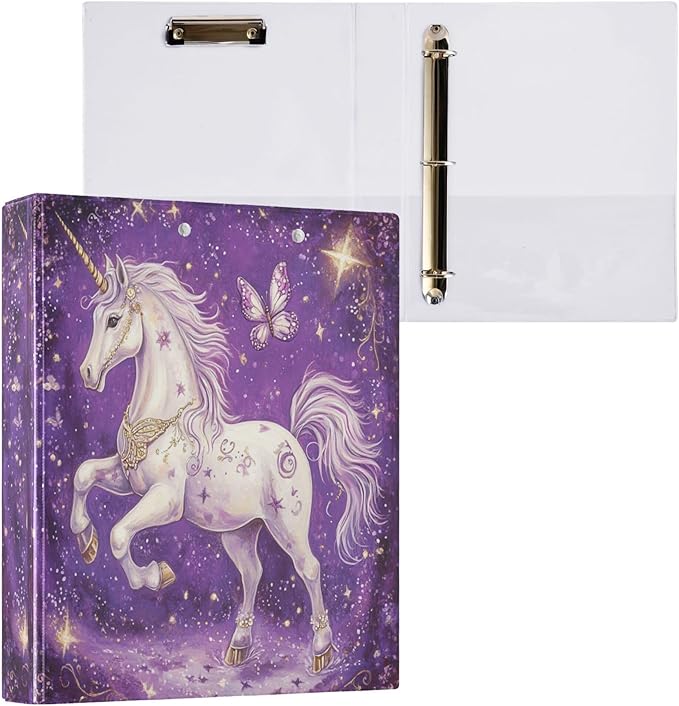 Dream Unicorn Butterfly Round Ring Binders 1.5 Inch Purple Horse Fairy Tale Style 3 Ring Clipboard Binder for Office School Work Supplies File Folder Document 200 Sheet Capacity Easy Open