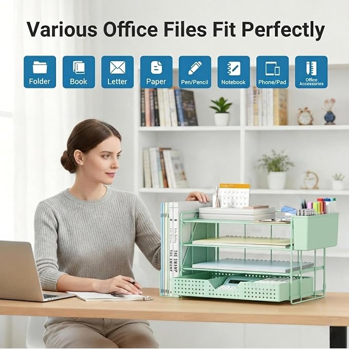 ECOLOVI Desk Organizer, 4-Tier Paper Organizer Letter Tray with File Holder, Drawer and 2 Pen Holders, Desktop File Organizer for Office Supplies, Workspace Storage, Green