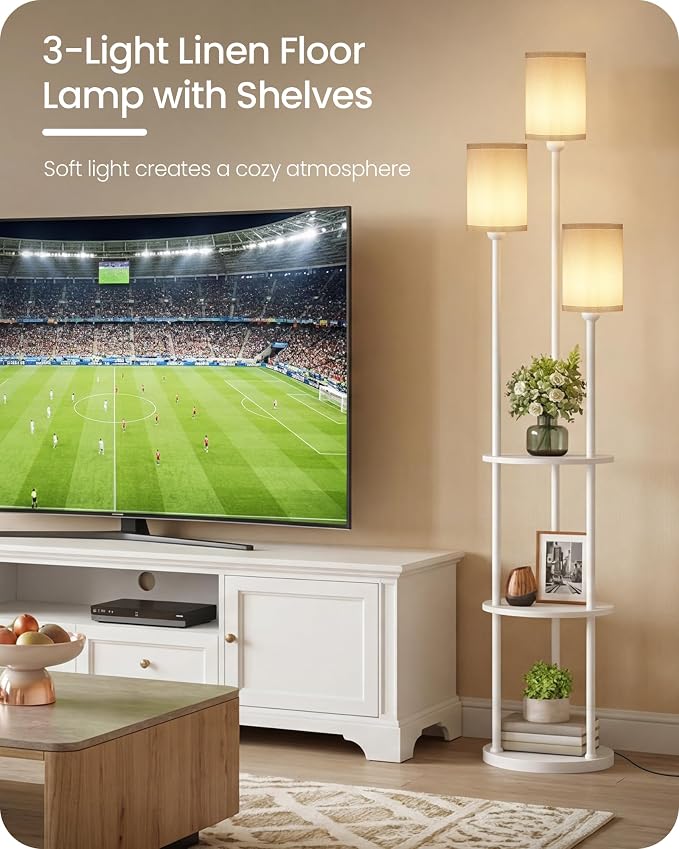 Floor Lamp with Shelves, Modern Floor Lamp with 3 Linen Shades and Foot Switch, 3-Light Standing Lamp, for Living Room, Bedroom, Study, Office, White W53LD05