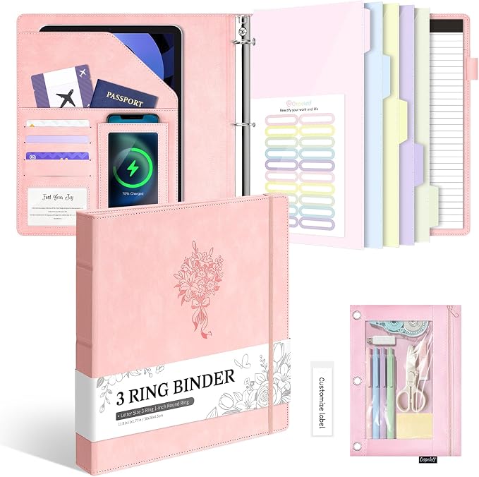 Ospelelf Leather 3 Ring Binder for Letter Size Documents with PVC Pocketed Dividers, Storage Bag & Notepad, 1 Inch Round Rings, Holds 175 Sheets, for Office School Home Organization, Flower Pink
