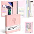 Ospelelf Leather 3 Ring Binder for Letter Size Documents with PVC Pocketed Dividers, Storage Bag & Notepad, 1 Inch Round Rings, Holds 175 Sheets, for Office School Home Organization, Flower Pink