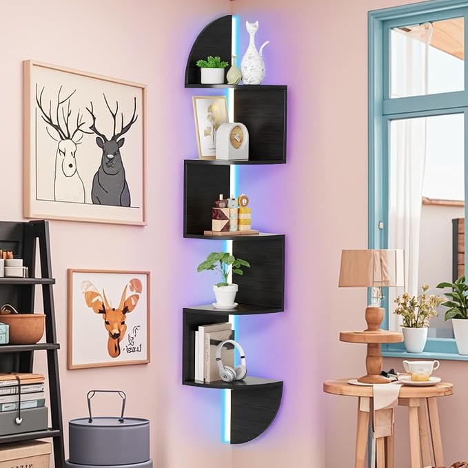 Corner Shelf, 5 Tier Bookshelf with LED Light, Corner Shelf Wall Mounted, Floating Shelves for Wall, Display Stand for Bedroom, Living Room, Bathroom, Home, Office, Black