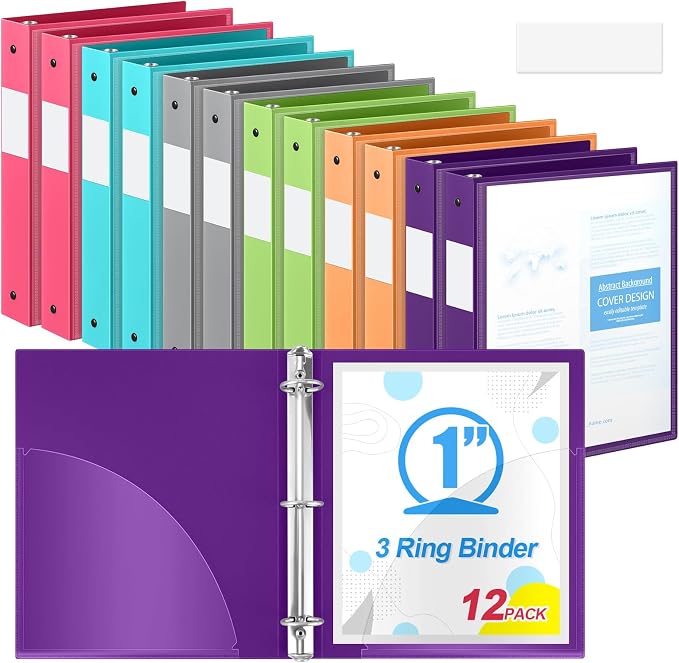 Henoyso 1 Inch 3 Ring Binders with Clear Front Cover and 2 Pockets, Round Ring Binders Fits 8.5'' x 11'' Letter Size Paper for School Office Supplies, 12 Pack (Assorted Stylish Color)