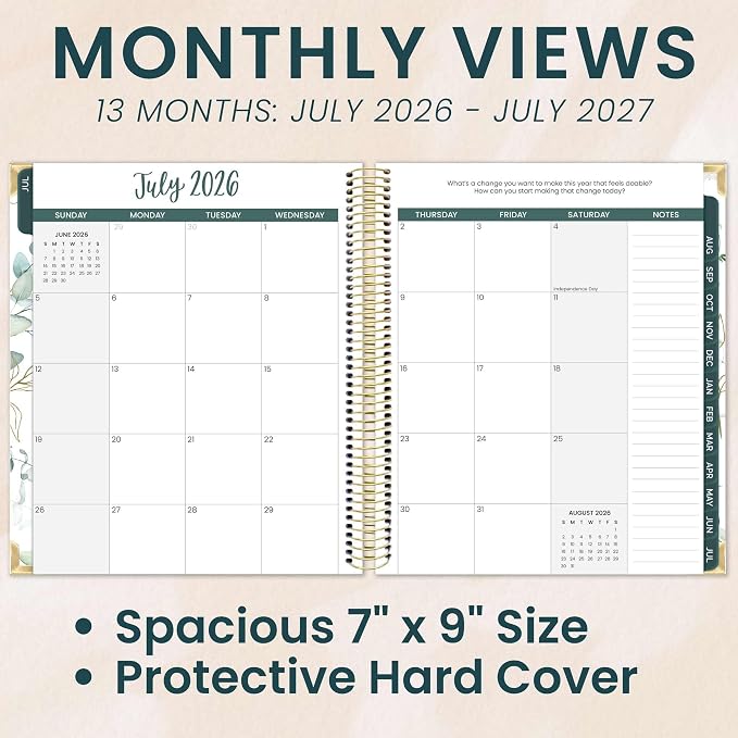 bloom daily planners 2026-2027 Hardcover Academic Year Goal & Vision Planner (July 2026 - July 2027) - 13 Months Agenda - Monthly & Weekly Calendar Organizer - 7.5" x 9" - Eucalyptus, White